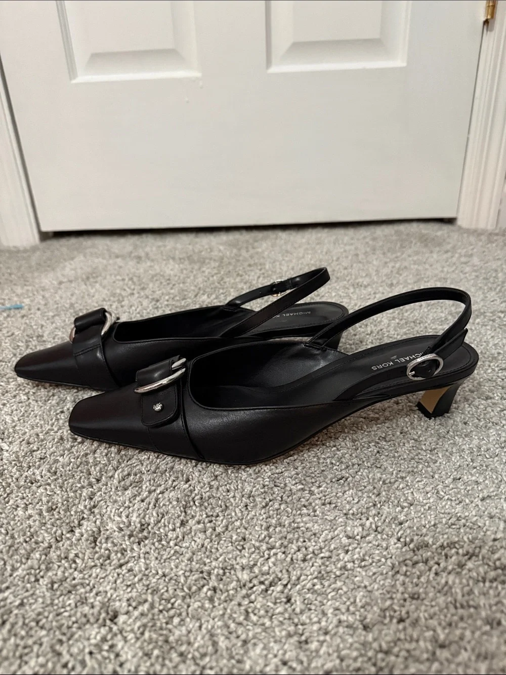 Michael Kors Black Leather Slingback Heels with Silver Ring Detail